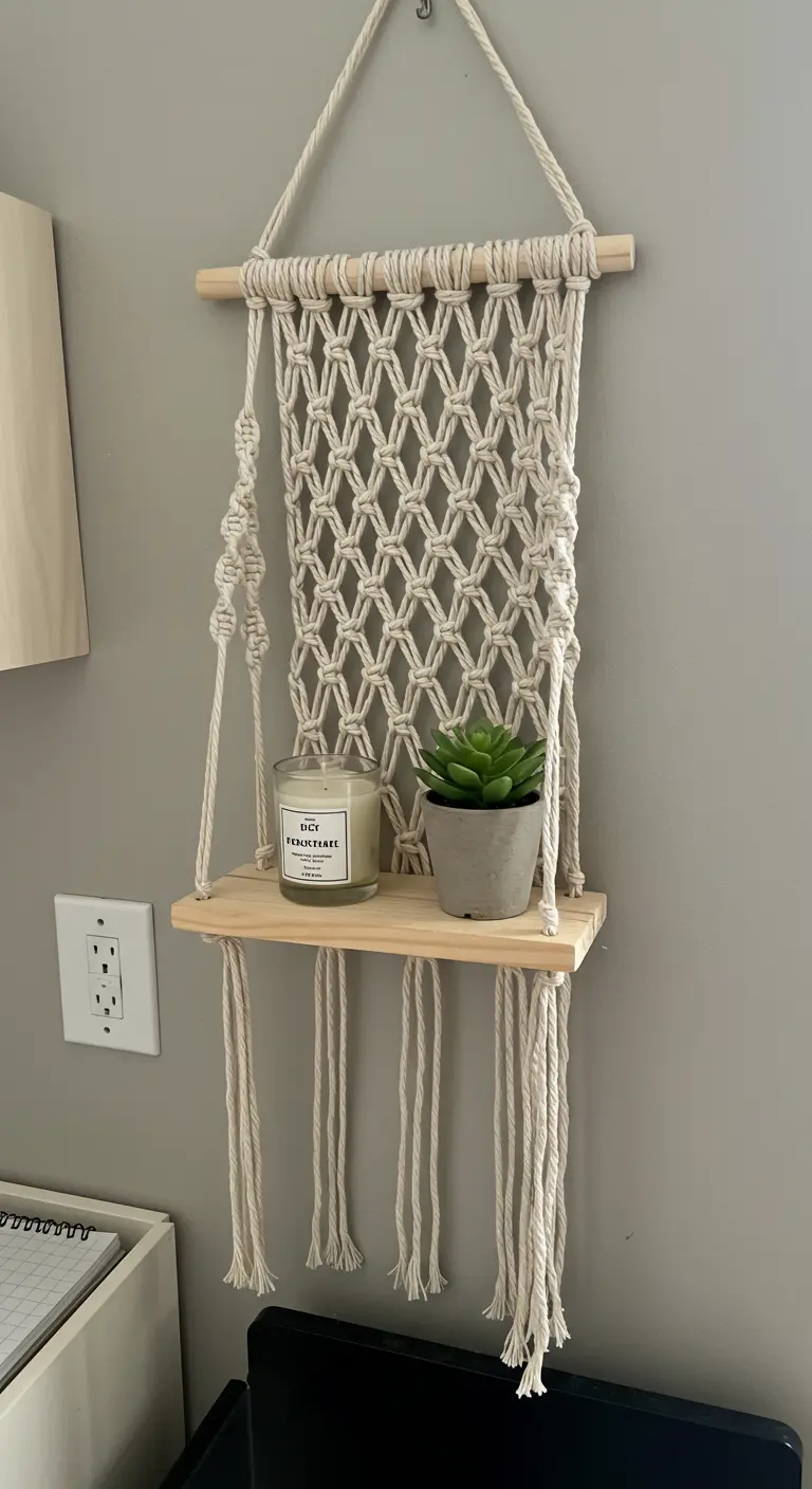 Estantería colgante de macramé con una tabla de madera, sosteniendo una vela y una pequeña suculenta.