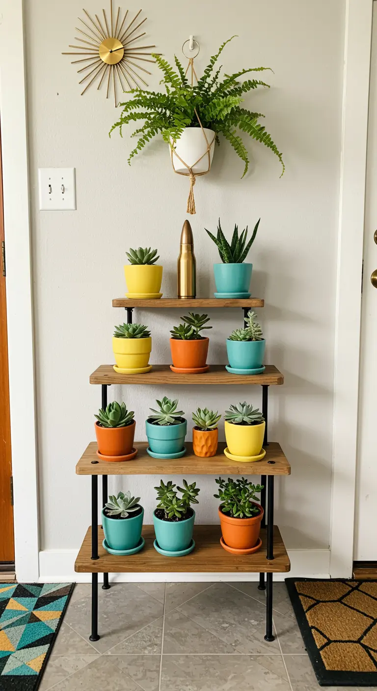 Estantería de madera y metal con varios niveles llenos de pequeñas macetas de colores con suculentas.