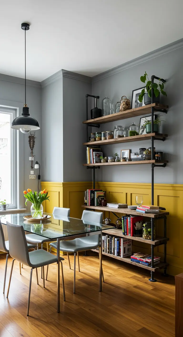 Comedor con estantería de estilo industrial hecha con tuberías negras y madera.