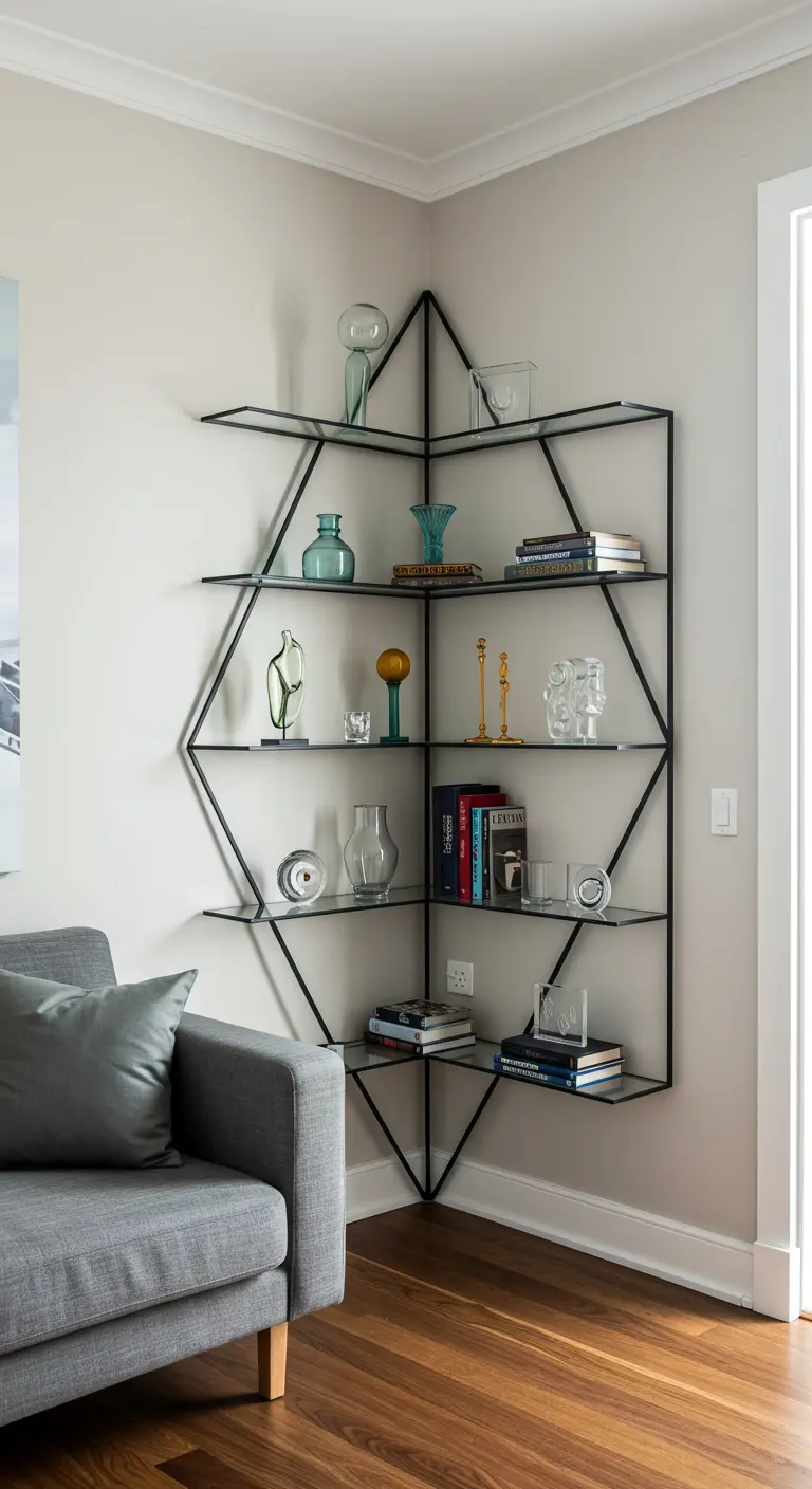 Estantería esquinera de metal negro y cristal con un diseño geométrico y objetos decorativos.