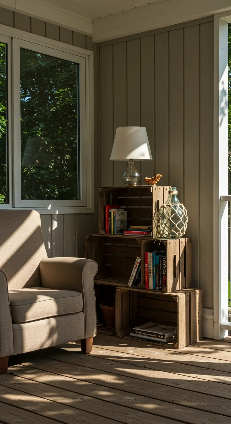 Estantería hecha apilando varias cajas de madera de fruta en un porche, junto a un sillón.