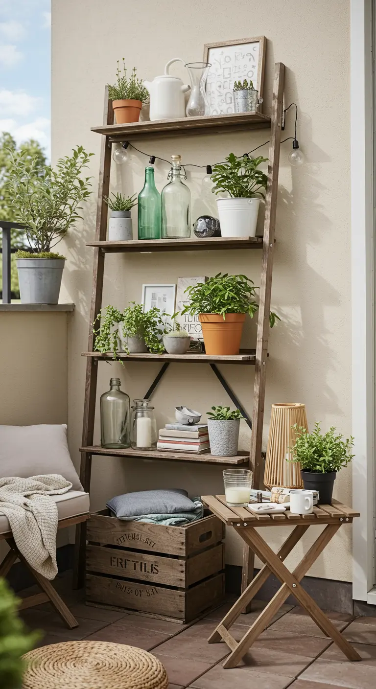 Estantería de madera tipo escalera apoyada en la pared de un balcón, decorada con plantas y objetos.