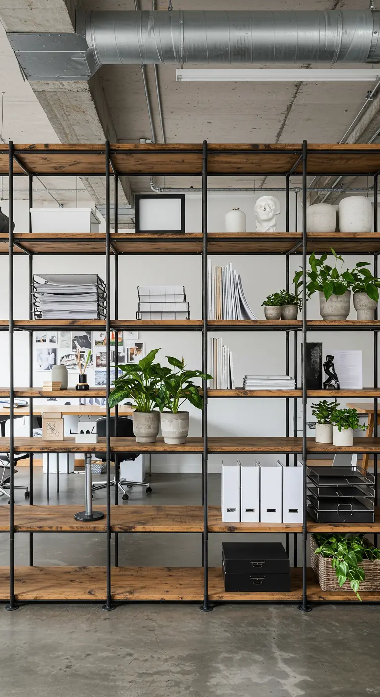 Estantería industrial alta de metal negro y madera que separa dos zonas en una oficina diáfana.