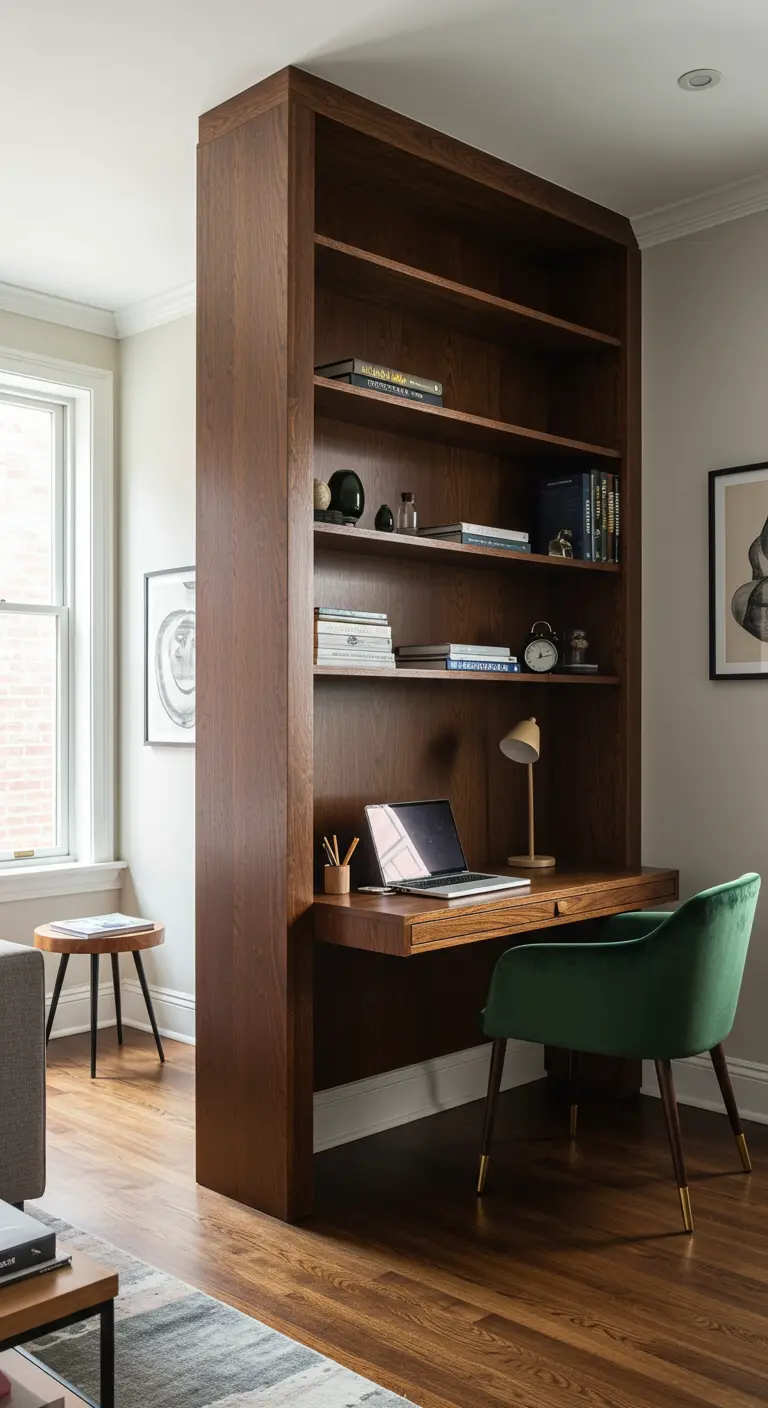 Estantería de madera oscura usada como divisor de sala con un escritorio integrado.