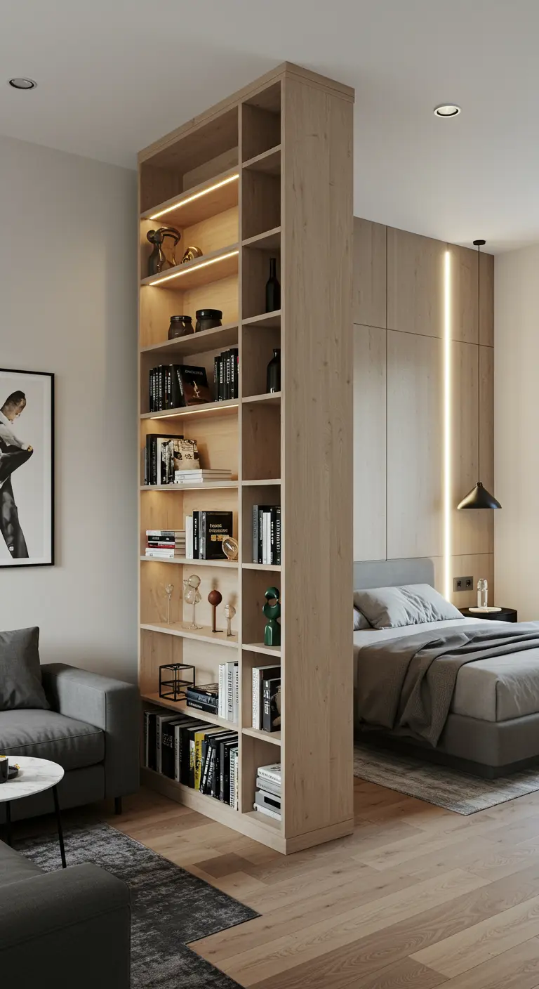 Una estantería alta de madera clara que separa la zona de estar de la zona de dormitorio en un estudio.