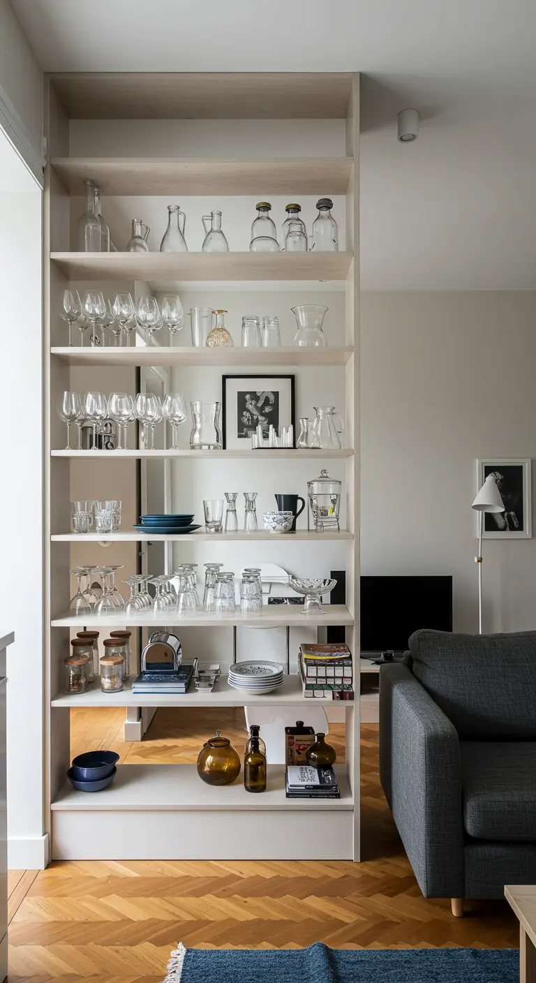 Estantería de madera clara que actúa como separador de ambientes entre la cocina y el salón.