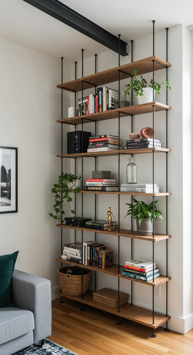 Estantería de tensión del suelo al techo con baldas de madera y postes metálicos negros.