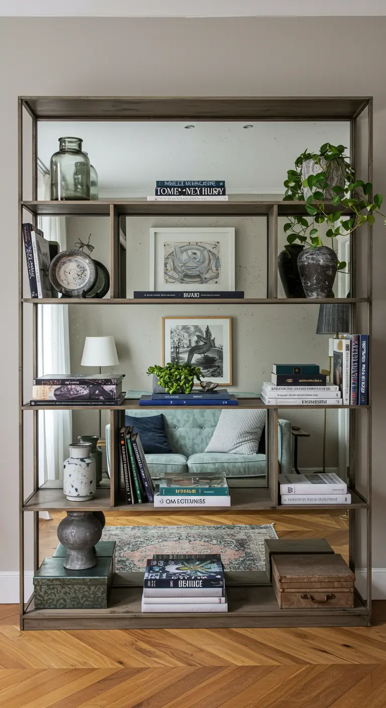 Estantería con el fondo cubierto de espejo, reflejando los objetos decorativos y el salón