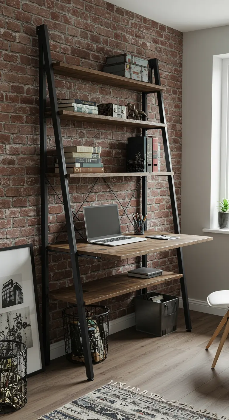 Estantería de estilo industrial con estructura metálica negra y baldas de madera, con un portátil.
