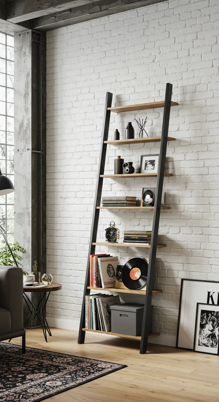 Estantería de escalera de madera y metal apoyada en una esquina de una sala con pared de ladrillo blanco.