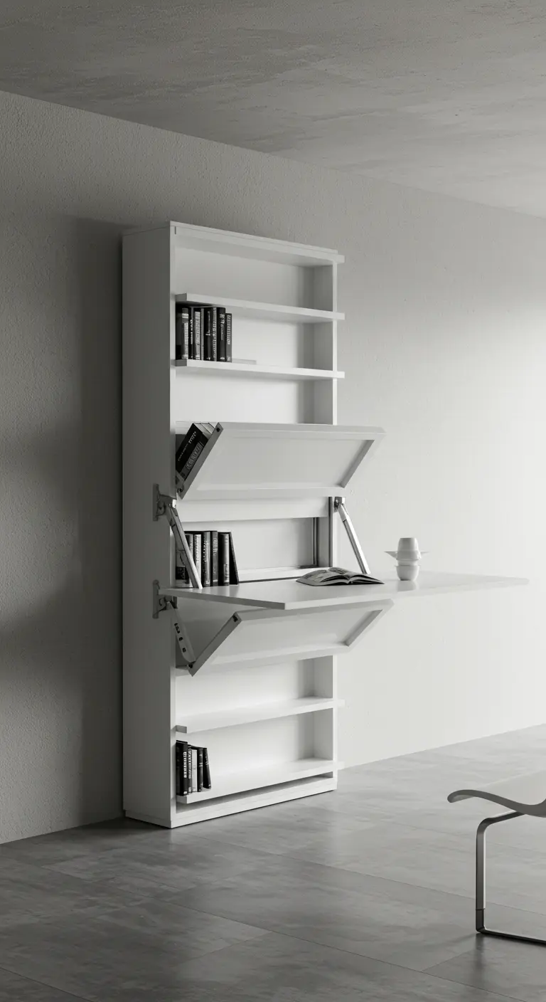 Estantería blanca minimalista con tres baldas que se despliegan como escritorios.