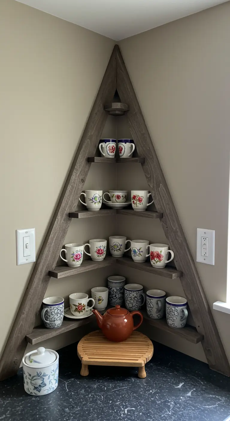 Estantería esquinera de madera en forma de árbol con tazas de té florales.