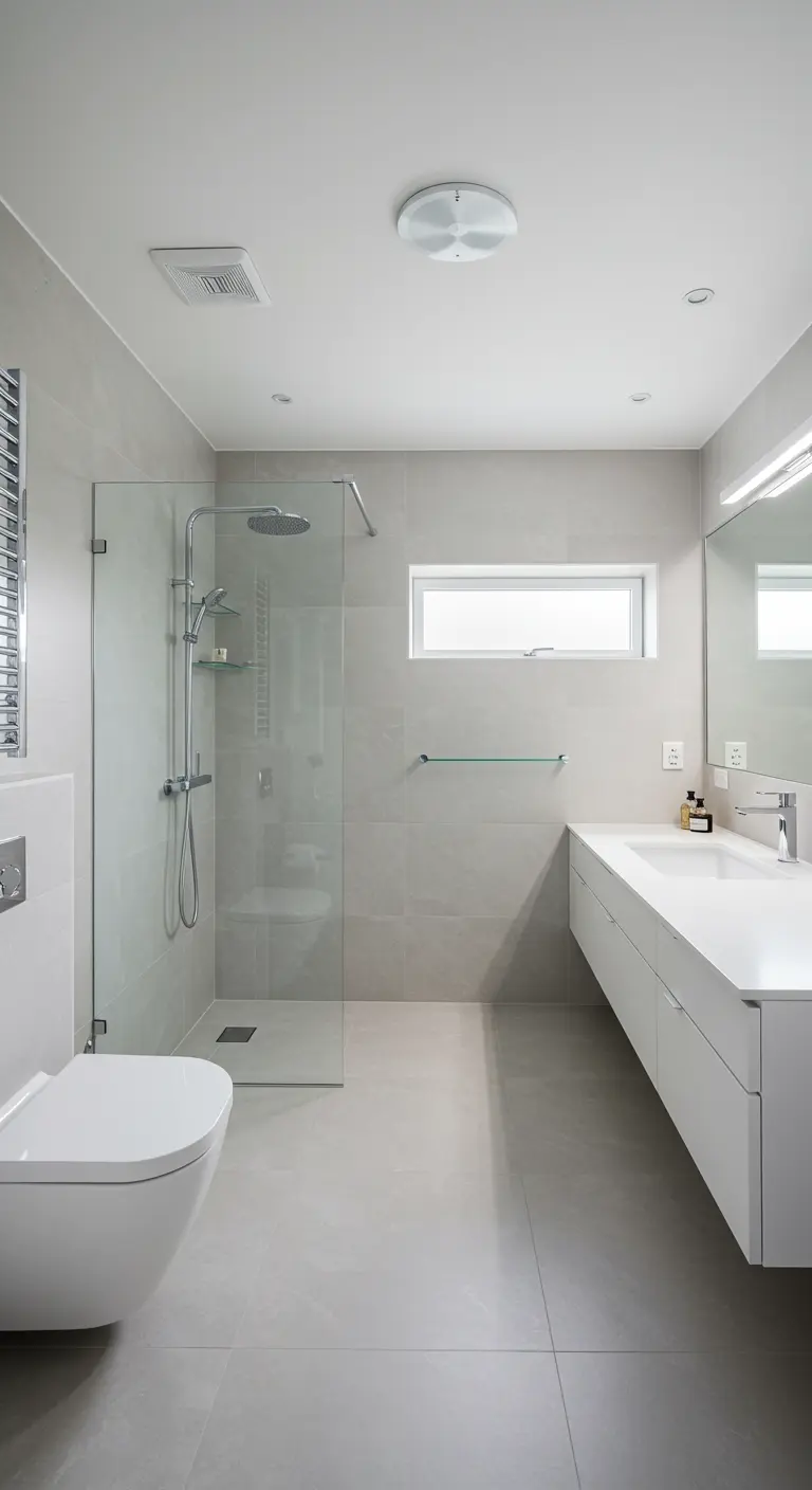 Baño minimalista en tonos grises claros con mampara de cristal sin perfiles