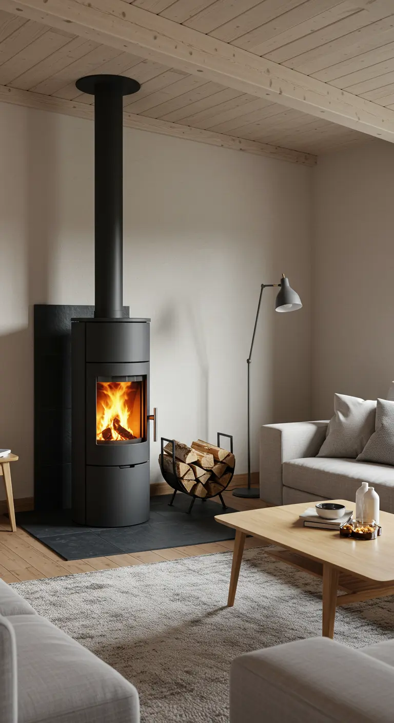 Sala de estar con una moderna estufa de leña negra, sofás grises y mesa de madera