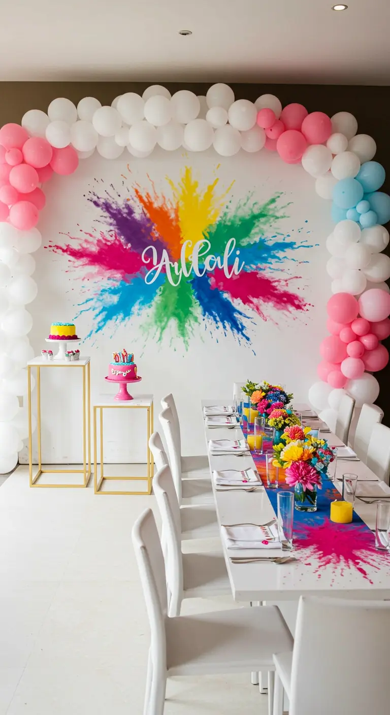 Decoración de fiesta inspirada en el festival Holi con un fondo de salpicadura de colores y globos.