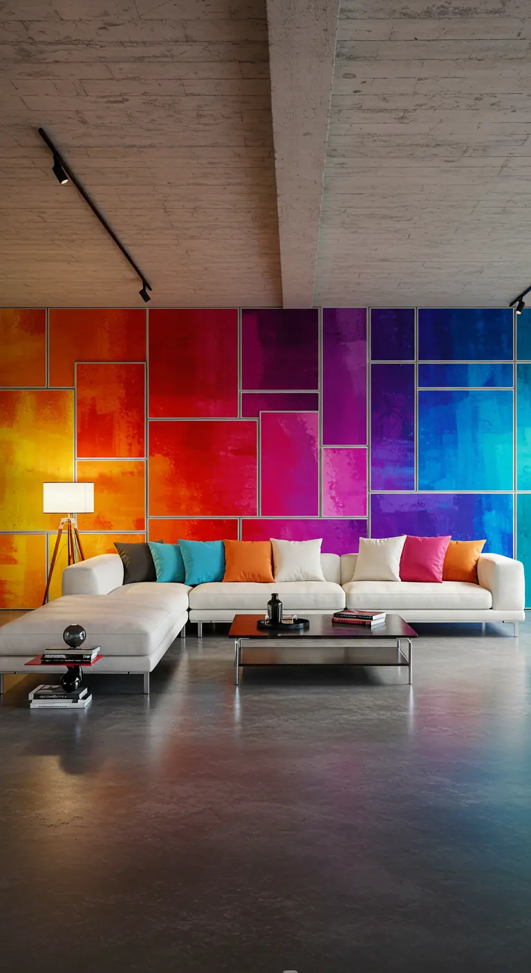 Pared de salón moderna con paneles de colores degradados que crean un efecto de mural vibrante