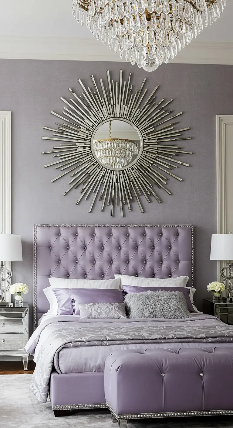 Espejo plateado en forma de sol sobre un cabecero tapizado de color lavanda en un dormitorio glam.