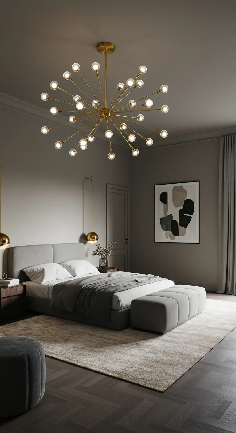 Dormitorio moderno y minimalista en tonos grises con una gran lámpara Sputnik dorada en el techo.