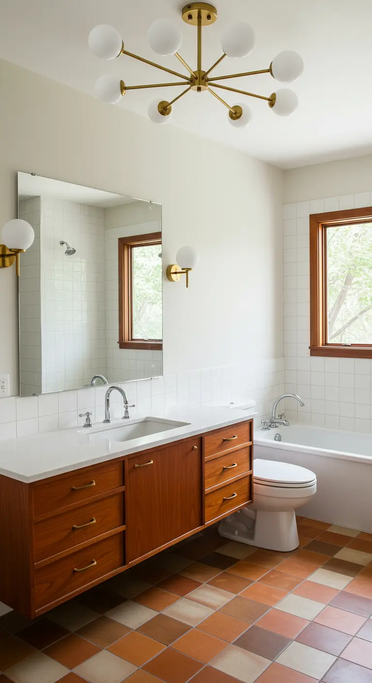 Baño de estilo mid-century con una lámpara Sputnik dorada en el techo