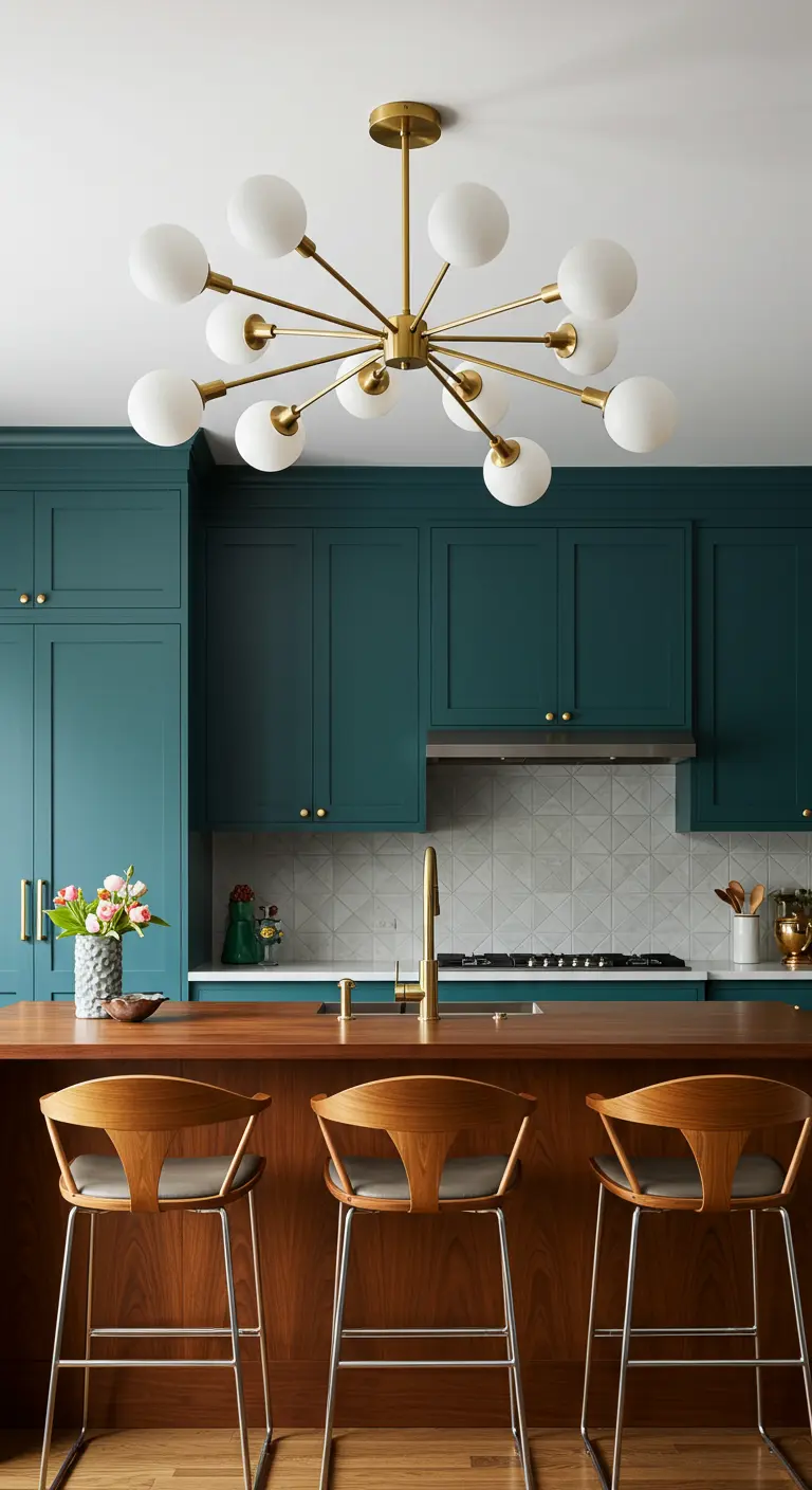Cocina moderna con gabinetes verde azulado y una lámpara Sputnik dorada con globos blancos.