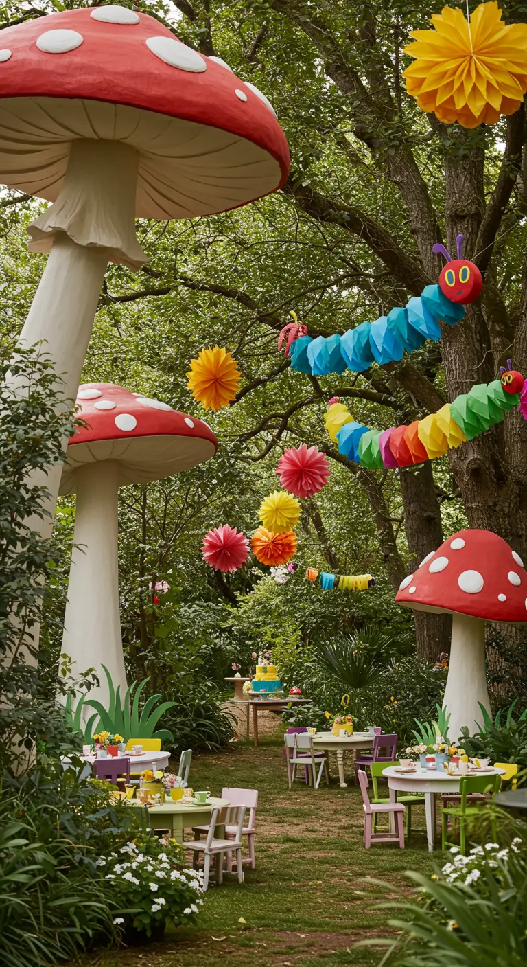 Fiesta de cumpleaños infantil en un jardín con temática de la Oruga Glotona y guirnaldas de papel.