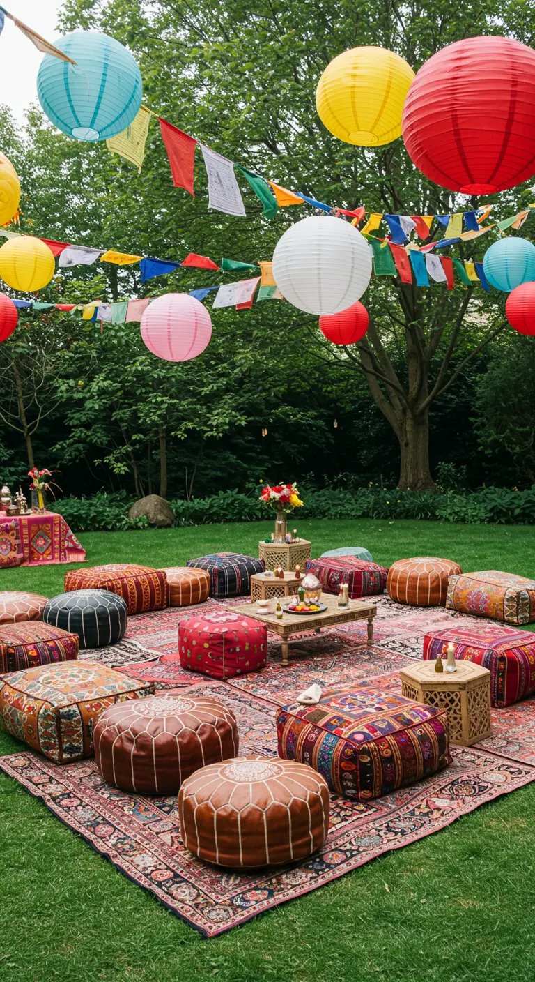 Fiesta en el jardín con lámparas de papel de colores, pufs marroquíes y alfombras persas.