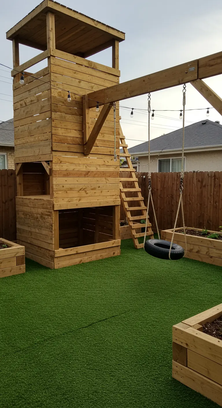 Estructura de juegos de madera tipo fuerte con columpio de neumático en un jardín con césped artificial