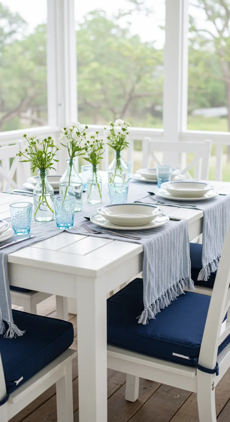 Mesa de comedor blanca en un porche con caminos de mesa de rayas azules y cristalería azul.
