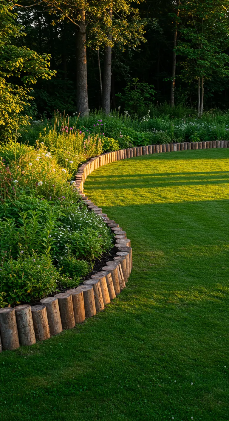 Borde de jardín curvado hecho con pequeños postes de madera verticales que separa el césped de un parterre