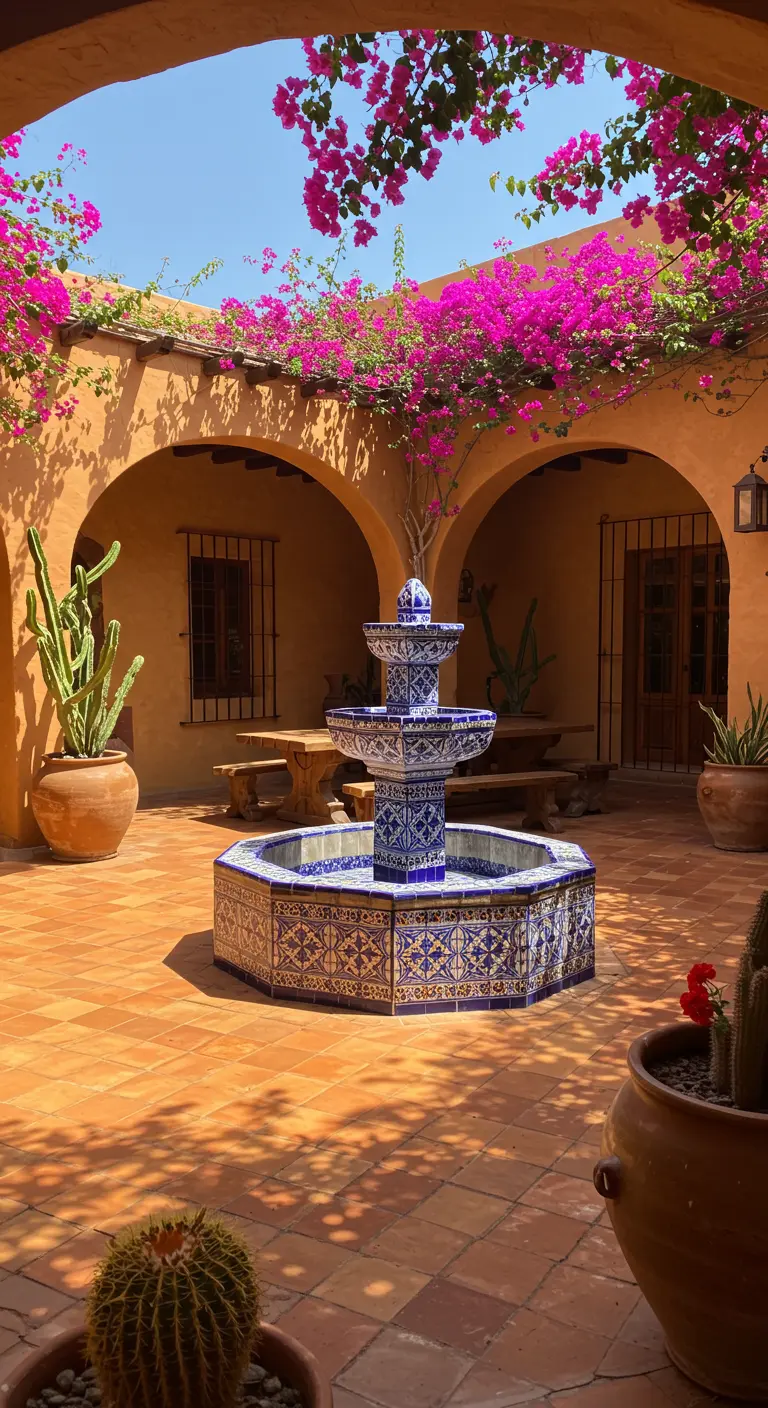 Patio de hacienda con fuente central de talavera azul, buganvillas y cactus en macetas.