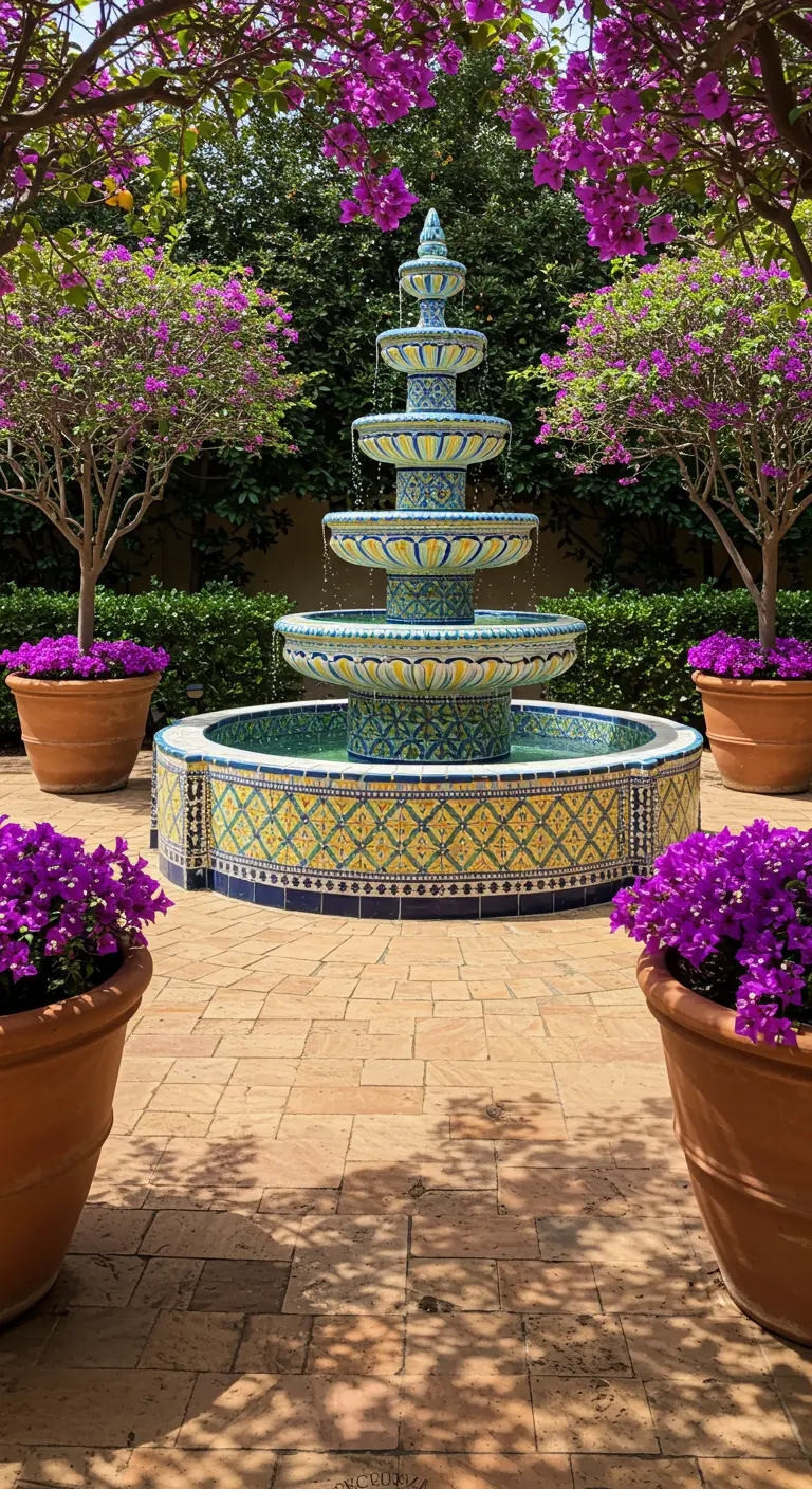 Fuente de cerámica de varios pisos decorada con azulejos amarillos y azules, en un patio soleado.