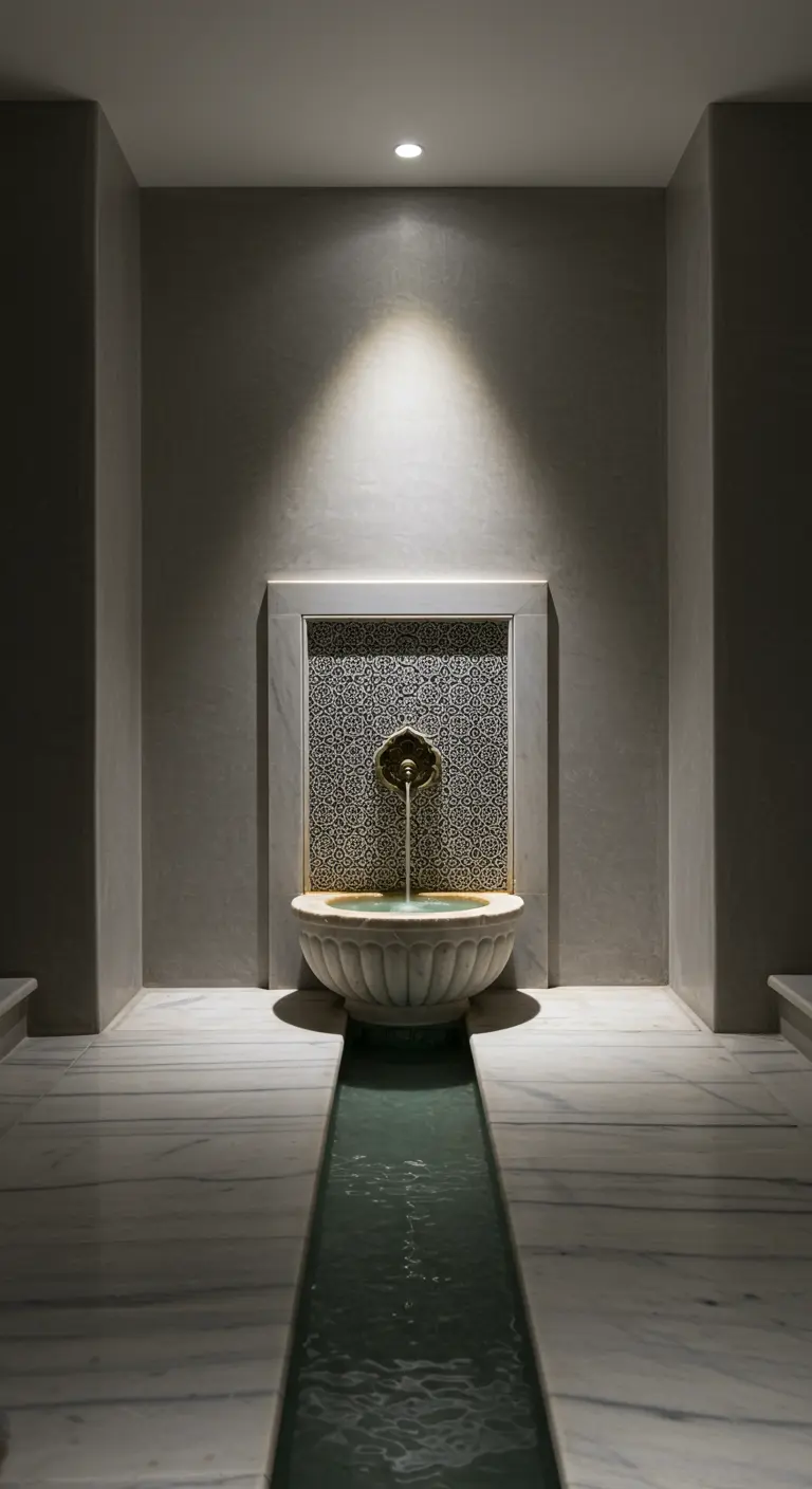 Fuente de latón vertiendo agua en un cuenco de mármol dentro de un hammam minimalista