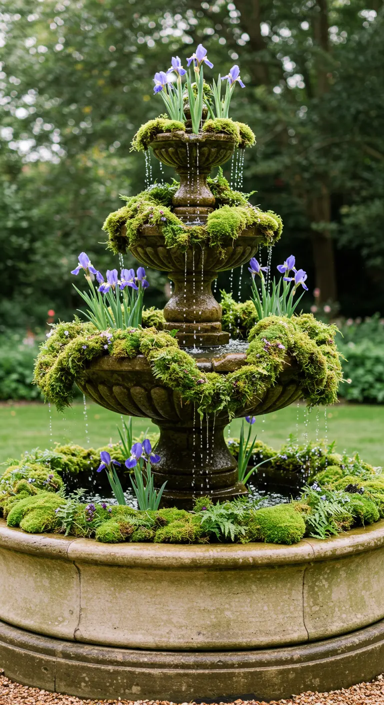 Fuente de piedra de tres niveles en un jardín, decorada con musgo e iris azules.