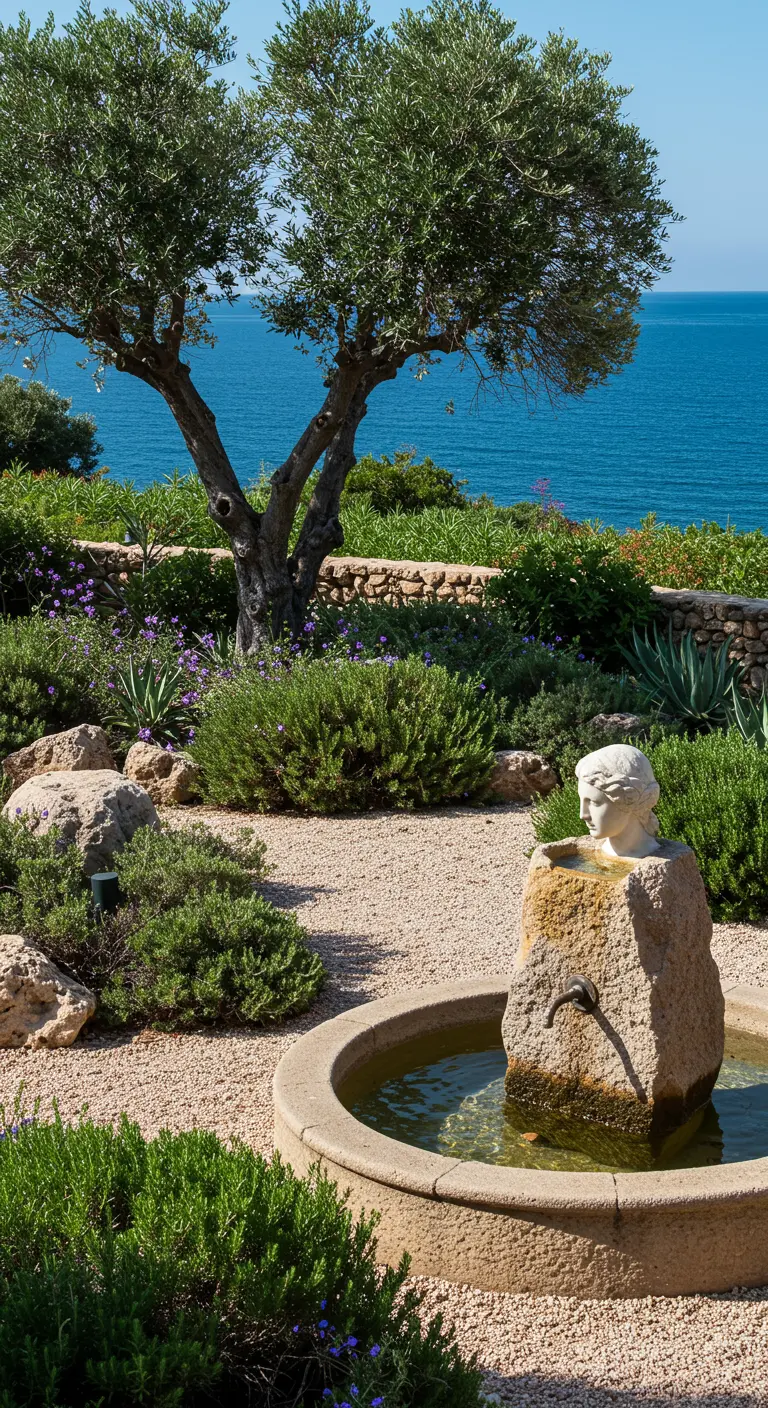 Fuente rústica hecha de rocas naturales con un busto clásico incorporado, junto a un olivo.