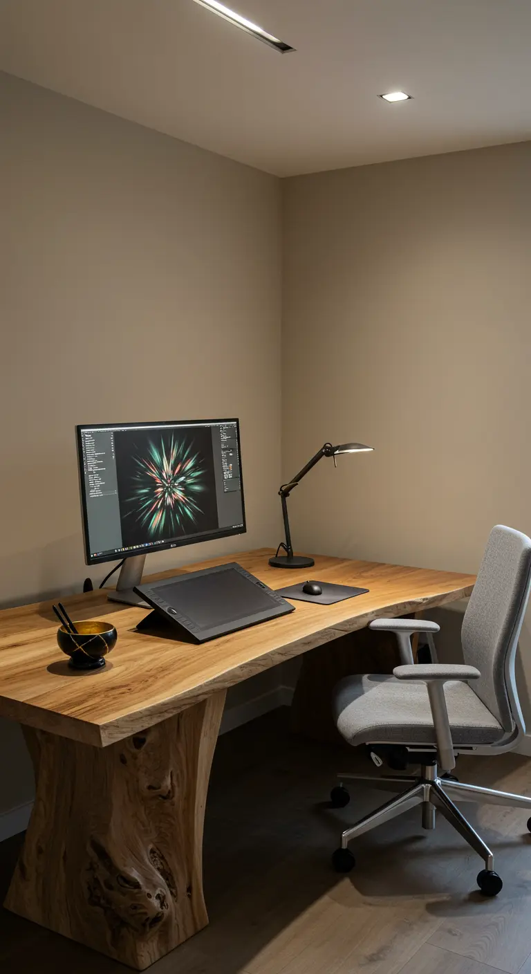 Escritorio de madera maciza con bordes orgánicos en una oficina moderna y minimalista