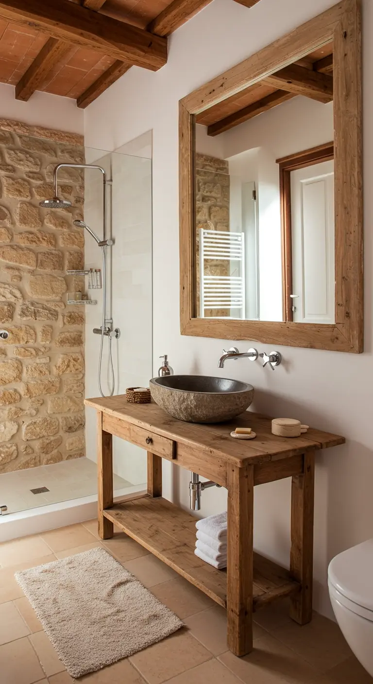 Baño rústico con pared de piedra, mueble de lavabo de madera envejecida y espejo a juego.