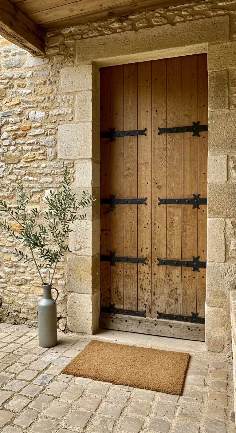 Puerta rústica de madera con herrajes negros en una pared de piedra, con una rama de olivo