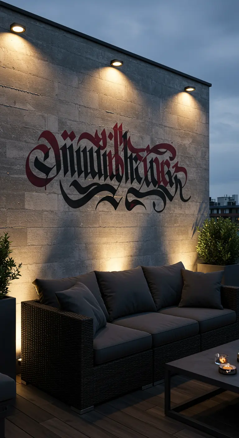 Patio moderno con un gran mural de caligrafía gótica en una pared de hormigón iluminada desde arriba