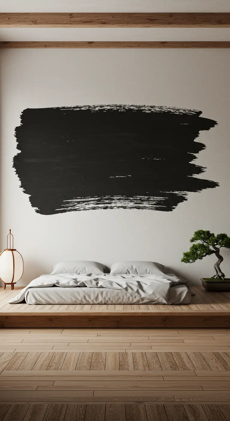 Una única y gruesa pincelada de pintura negra sobre una pared blanca en un dormitorio minimalista.