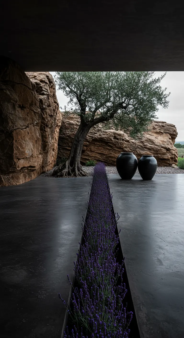 Patio moderno con suelo de hormigón pulido, rocas naturales, un olivo y una jardinera con lavanda.