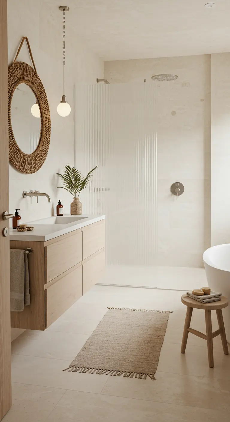 Baño de estilo Japandi con mueble de madera clara, espejo redondo y una mampara de vidrio acanalado.