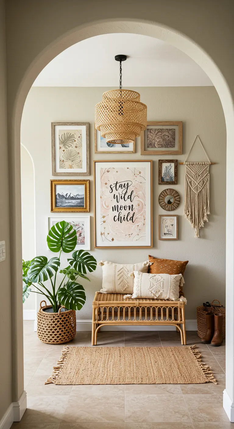 Entrada bohemia con una pared de galería, un banco de ratán y una planta grande.