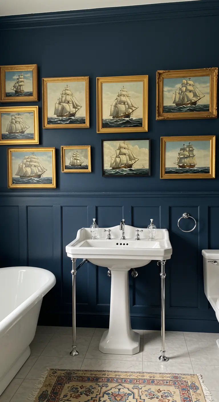 Baño azul oscuro con una pared llena de cuadros de barcos antiguos y un lavabo de pedestal.