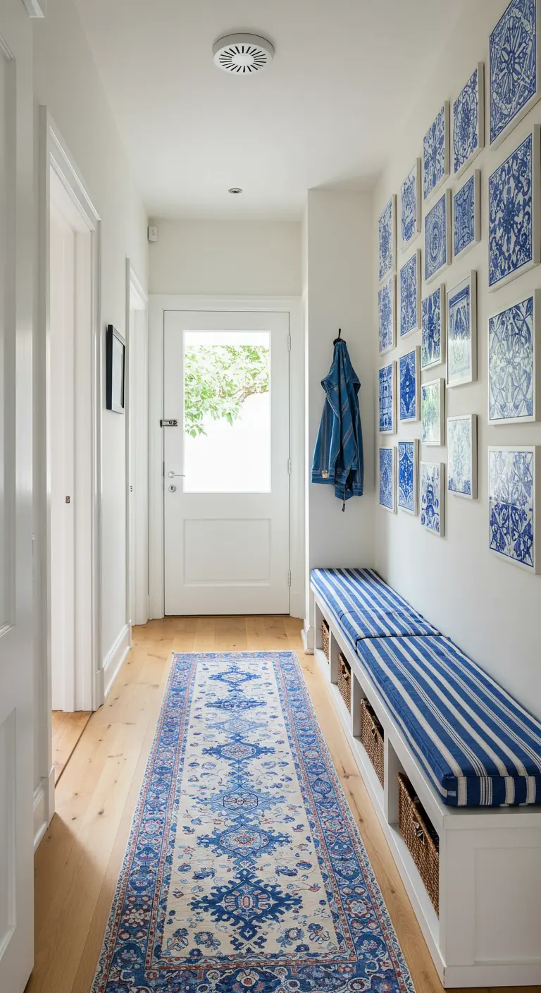 Pasillo largo y luminoso con una galería de azulejos azules enmarcados sobre un banco blanco.