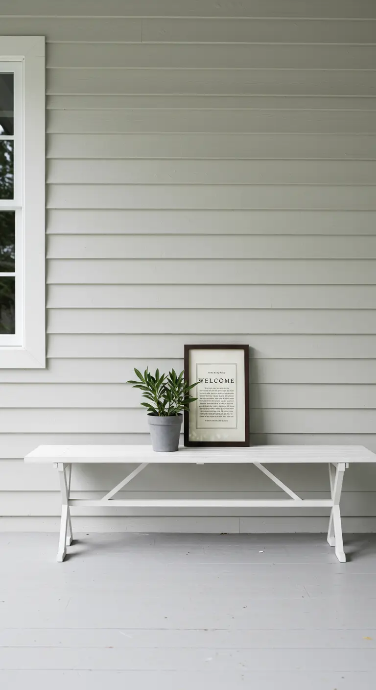Porche minimalista con un banco blanco largo y un letrero de bienvenida enmarcado como un cuadro.
