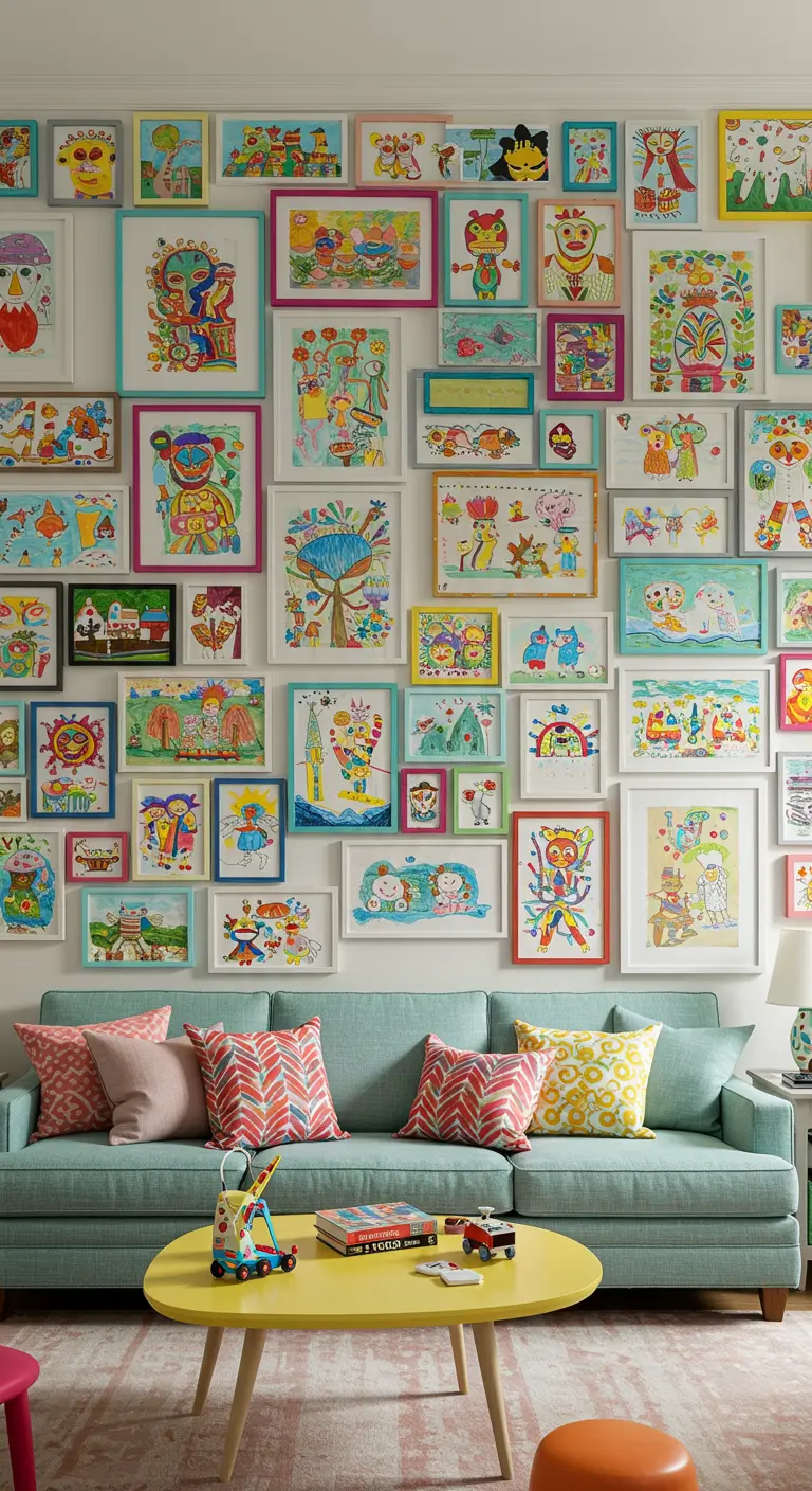 Pared de salón completamente cubierta con dibujos infantiles en marcos de colores vivos