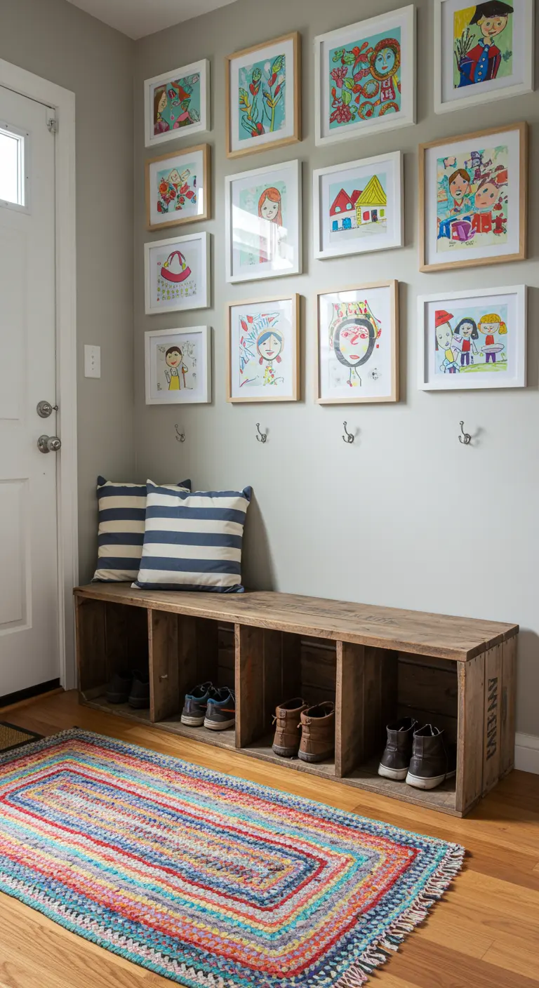 Pared de entrada con dibujos infantiles enmarcados en blanco sobre un banco de cajas de madera.