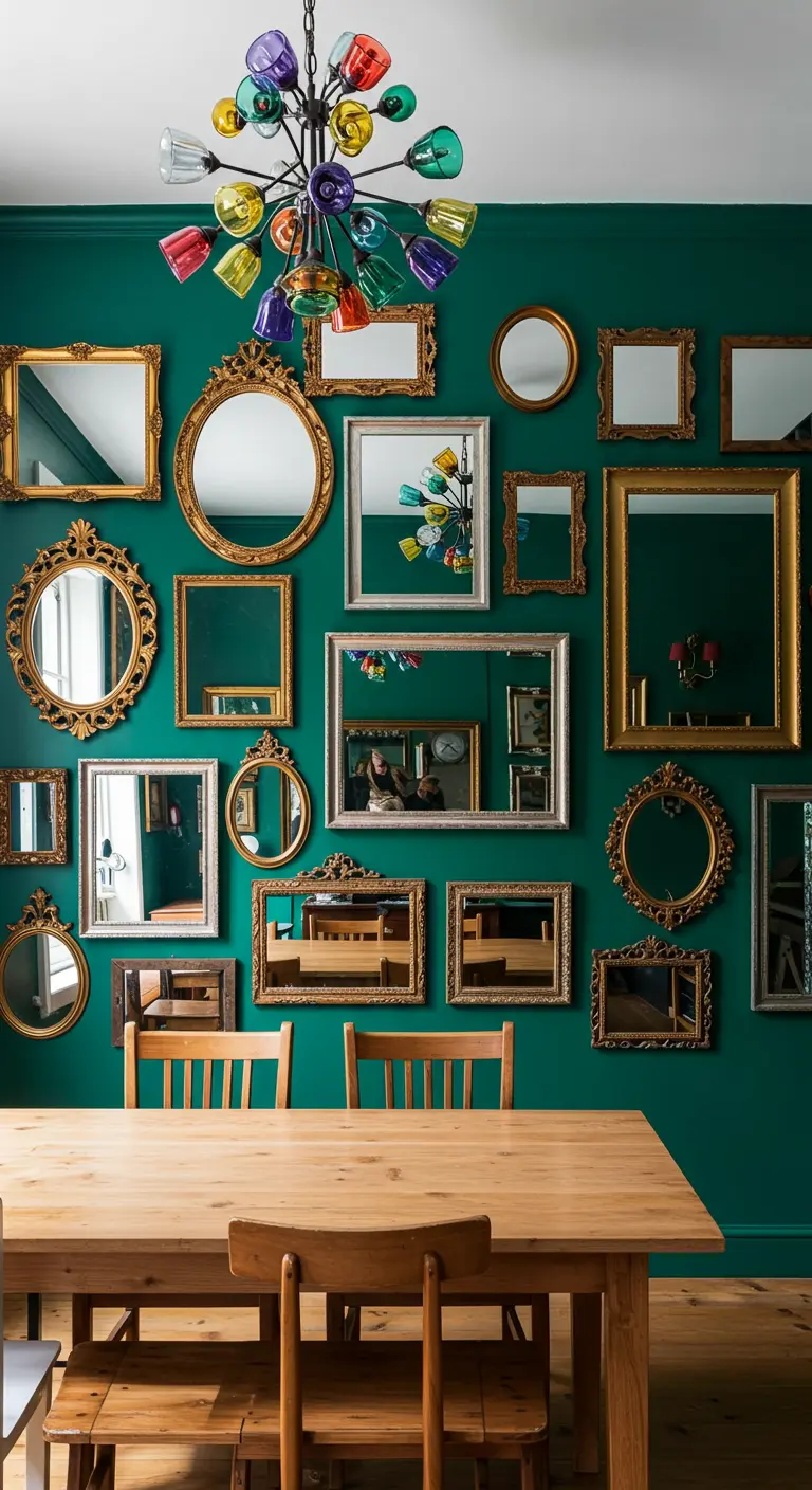 Pared de comedor verde cubierta con una colección de espejos de diferentes formas y tamaños