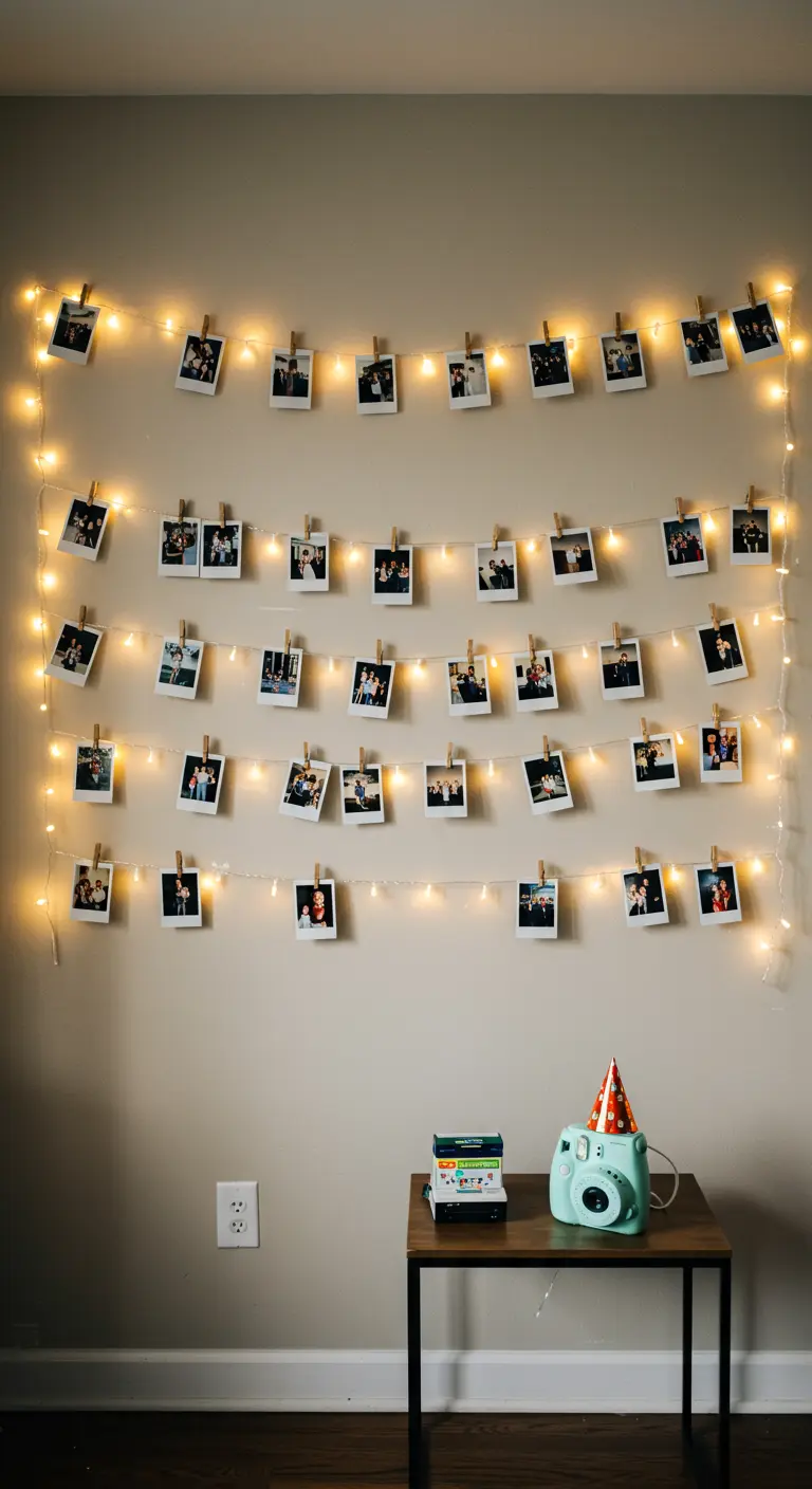Pared decorada con guirnaldas de luces en zigzag de las que cuelgan fotografías instantáneas con pinzas.