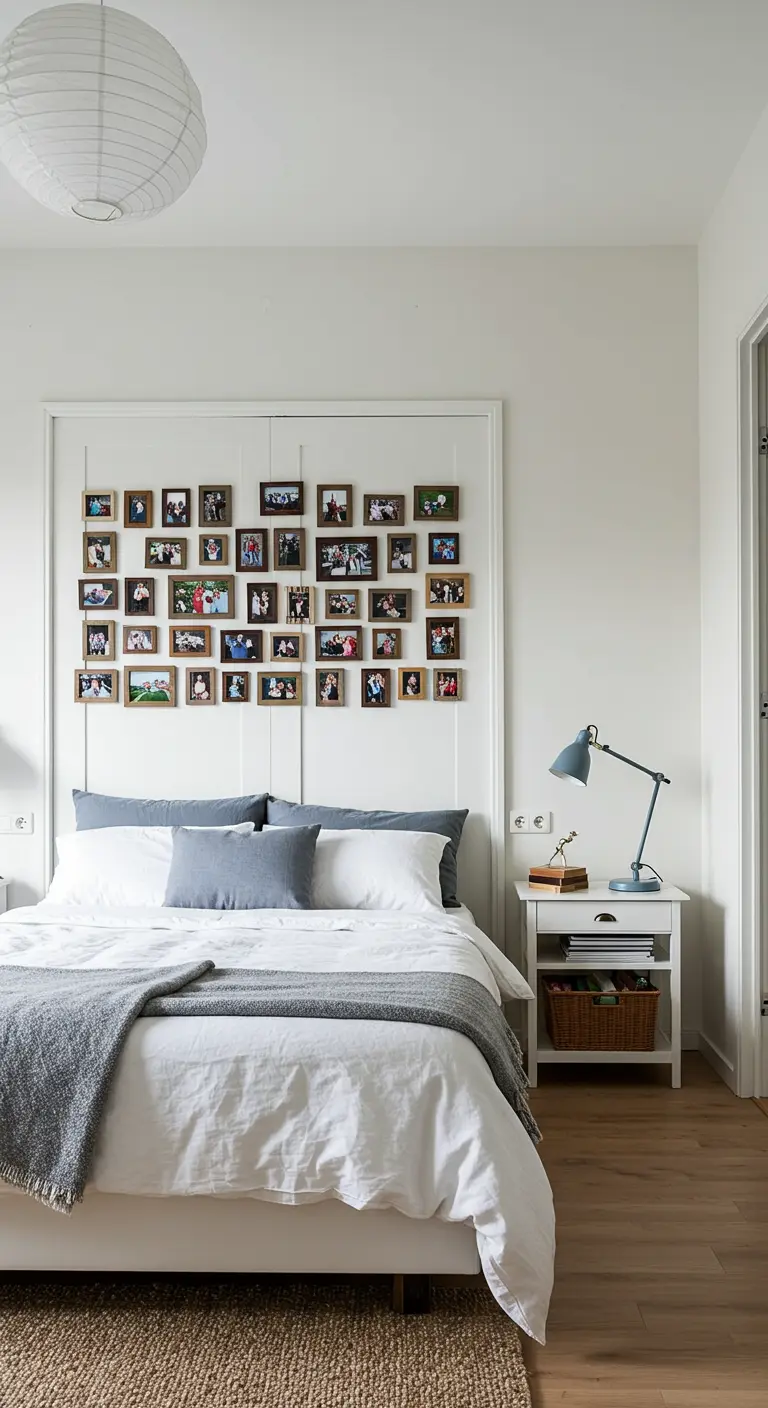 Cabecero de cama blanco y minimalista que sirve de base para una galería de fotos familiares.
